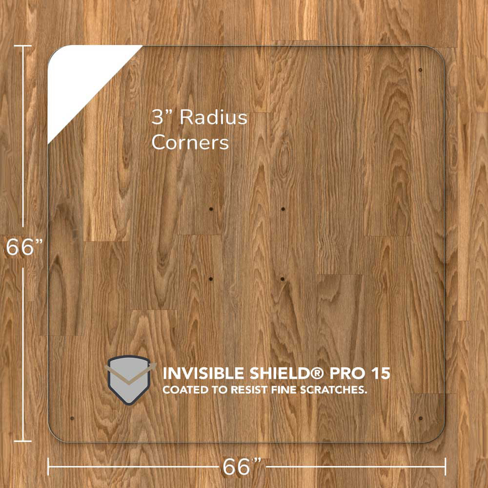 A luminoso glass chair mat with dimensions of 66 inches by 66 inches, featuring 3-inch radius corners. The mat is labeled with "INVISIBLE SHIELD® PRO 15 COATED TO RESIST FINE SCRATCHES." and is placed on a wooden floor.
#Size_66x66#Glass_Clarity_Luminoso