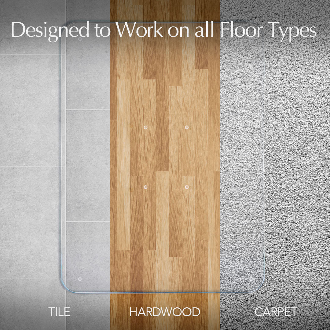 An image demonstrating the versatility of a product with the text "Designed to Work on all Floor Types" at the top. The image is divided into three sections, each showing a different type of flooring: TILE on the left with a light gray tile pattern, HARDWOOD in the middle with a wooden plank pattern, and CARPET on the right with a textured gray carpet pattern. Each section is labeled accordingly at the bottom.