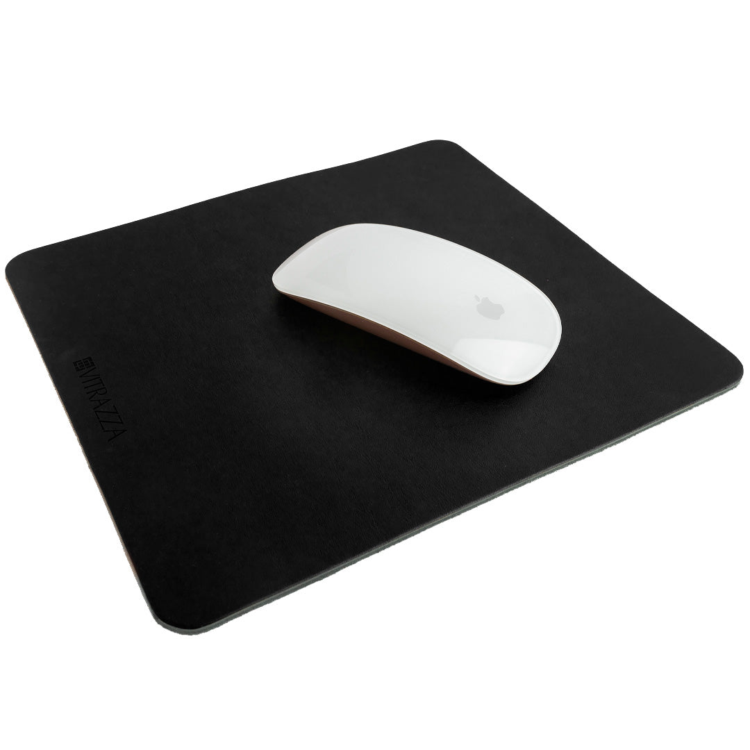 #color_charcoal alt="A white wireless mouse is placed on top of a black leather mouse pad. The mouse pad has the brand name "VITRAZZA" on it. The background is plain white."