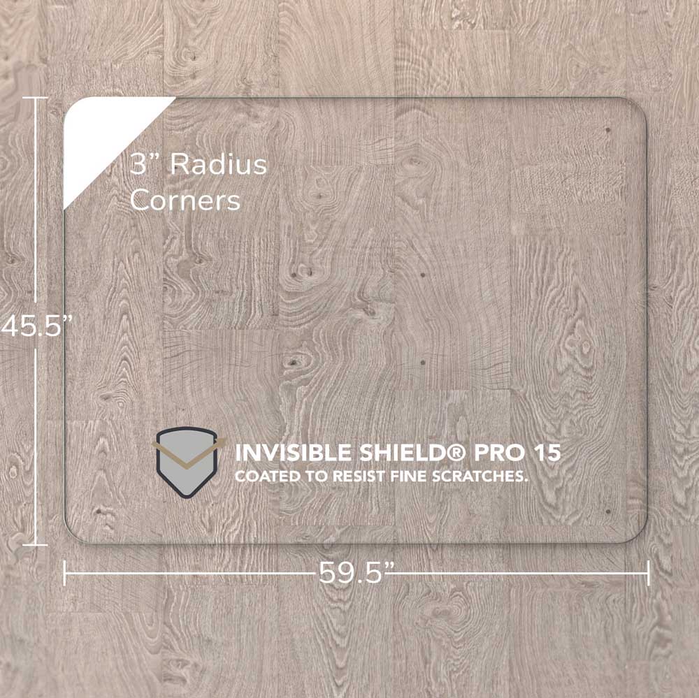 #glass clarity_luminoso (low-iron ultra clear) A luminoso glass chair mat with dimensions of 45.5 inches by 59.5 inches, featuring 3-inch radius corners. The mat is labeled with "INVISIBLE SHIELD® PRO 15 COATED TO RESIST FINE SCRATCHES." and is placed on a wooden floor.