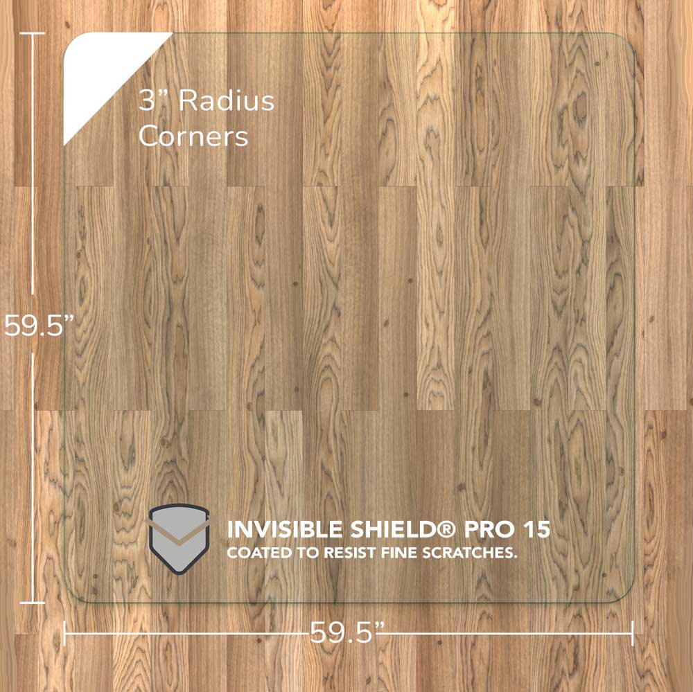 #glass clarity_chiaro (standard clear) alt="A chiaro glass chair mat with dimensions of 60 inches by 60 inches, featuring 3-inch radius corners. The mat is labeled with "INVISIBLE SHIELD® PRO 15 COATED TO RESIST FINE SCRATCHES." and is placed on a wooden floor."
