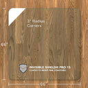 A chiaro glass chair mat with dimensions of 66 inches by 66 inches, featuring 3-inch radius corners. The mat is labeled with "INVISIBLE SHIELD® PRO 15 COATED TO RESIST FINE SCRATCHES." and is placed on a wooden floor.
#Size_66x66#Glass_Clarity_Chiaro