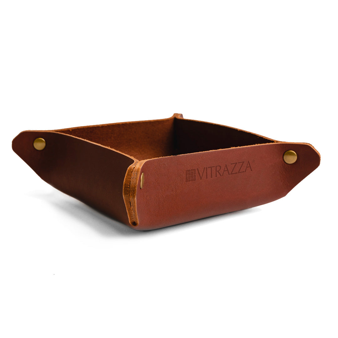 #color_mahogany A brown leather desk organizer. It is empty and placed against a white background.