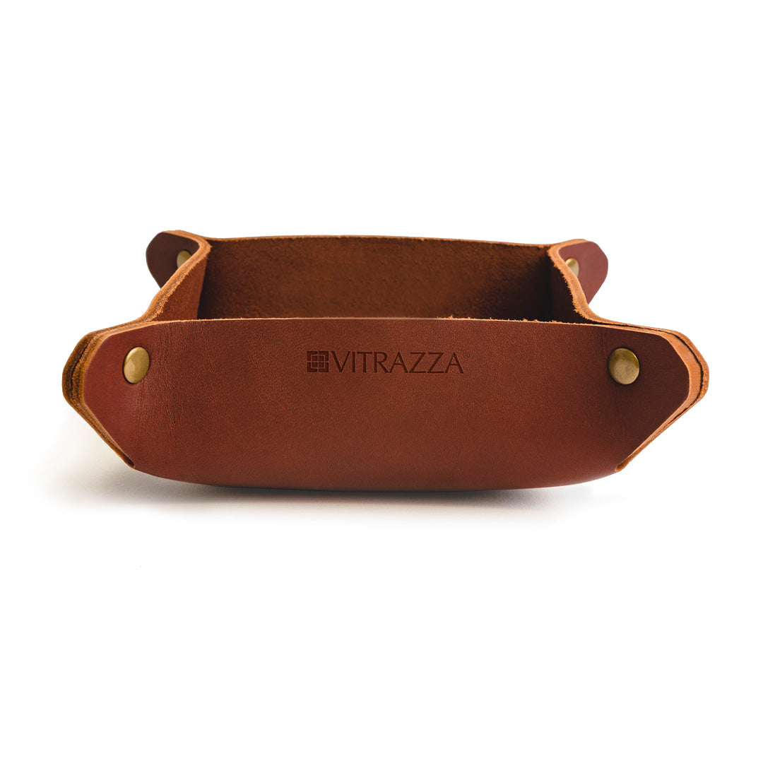 #color_mahogany A brown leather desk organizer. It is empty and placed against a white background.
