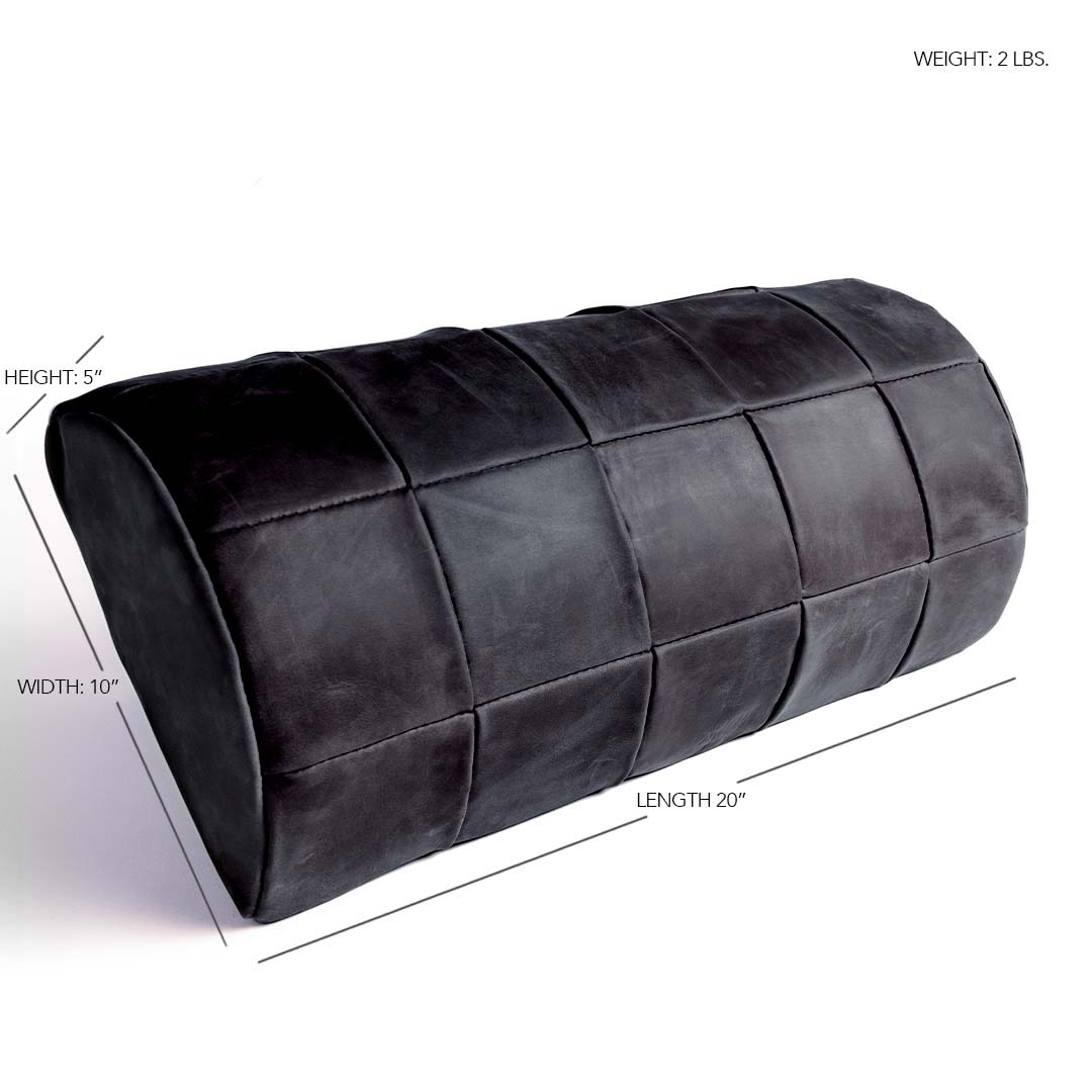 #color_charcoal alt="A black, quilted leather foot rest with dimensions labeled: height of 5 inches, width of 10 inches, length of 20 inches, and weight of 2 lbs. The foot rest has a rectangular shape with rounded top, a stitched pattern creating a quilted effect, photographed against a white background."