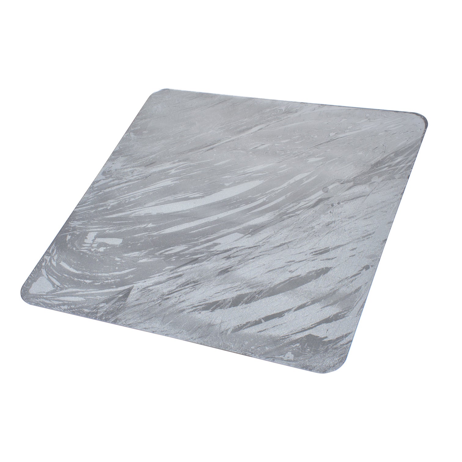 "A square, grey glass chair mat with a smooth, slightly marbled texture, shown against a white background. The mat has rounded corners and a subtle, abstract pattern with varying shades of grey."