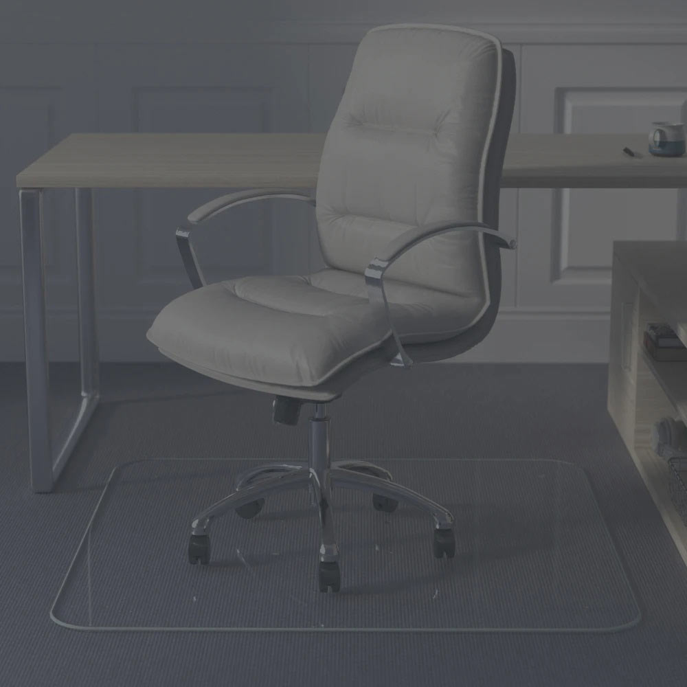 Stylish Glass Office Chair Mat On Carpeting With White Office Chair And Light Wood Desk 