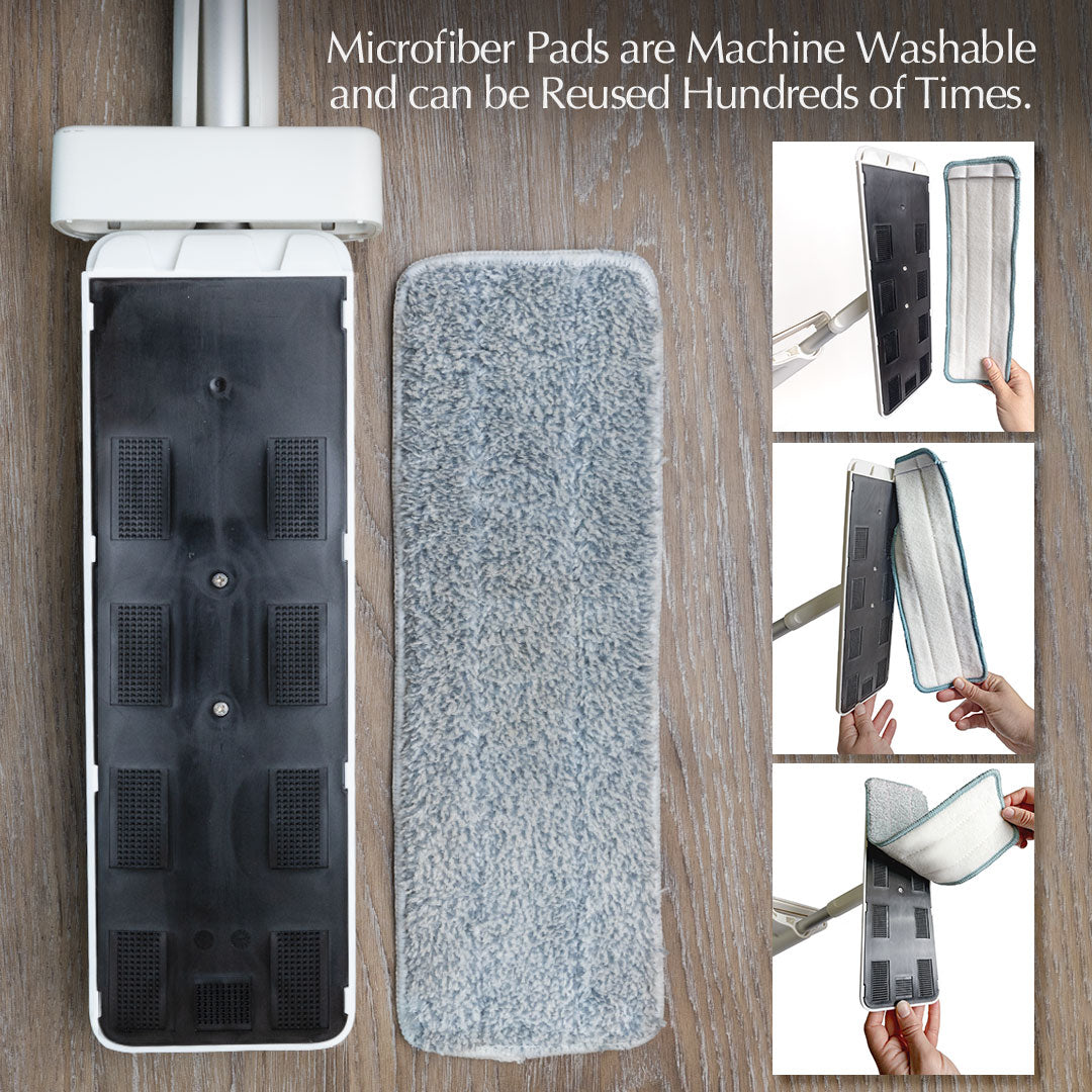 #option_mod mop alt="An image showcasing a microfiber mop pad system. The main image displays a white plastic mop head base next to a blue microfiber pad on a wooden surface. The text above reads: 'Microfiber Pads are Machine Washable and can be Reused Hundreds of Times.' There are three smaller inset images on the right side demonstrating the pad: one showing the pad attached to the mop head, another showing the pad being removed, and the last one showing the pad being held for inspection."