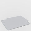 A looping .gif showing a custom double tabbed glass chair mat on a white background, transitioning into an image with a custom glass chair at placed in front of a modern desk setup.