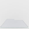 A looping .gif showing a custom glass chair mat on a white background, transitioning into an image with a custom glass chair at placed in front of a modern desk setup.